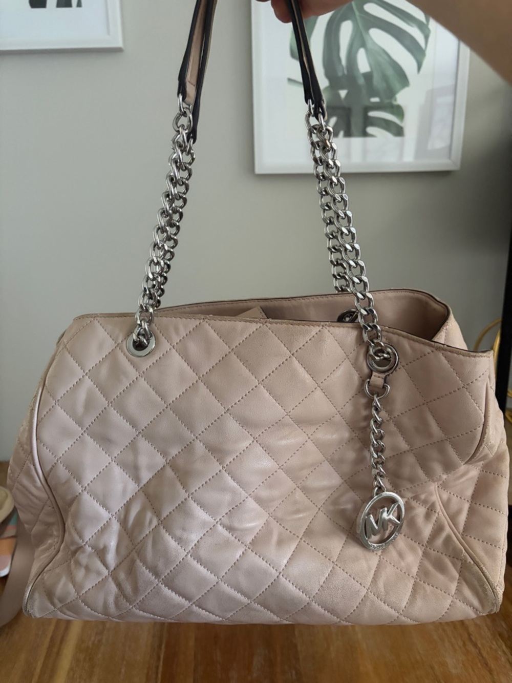 Michael Kors Quilted Chain-Handle Shoulder Bag in Light Beige